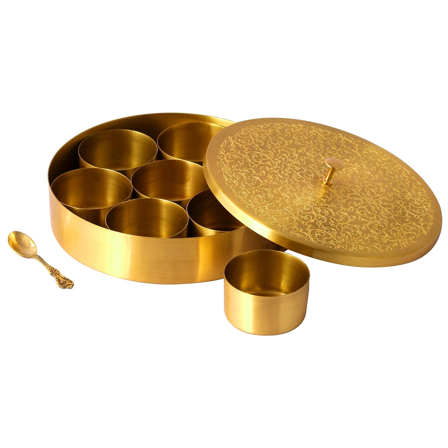 brass etched 8" spice box with 7 bowls and a spoon